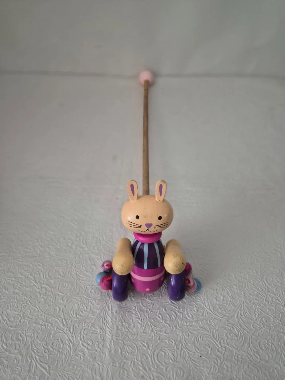 Wooden Rabbit Easter Bunny Kids Toddler Push Pull Clacker Toy Purple Pink